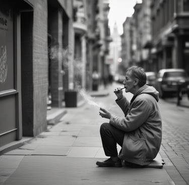 žmogus gatvėje smilkina smilkalus ir rūko