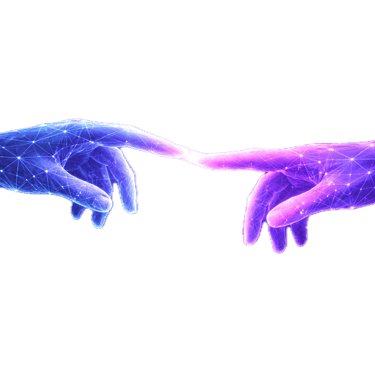 two hands touching each other with a glowing blue and pink light