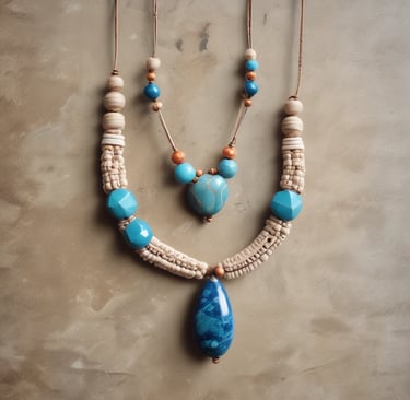 Collar de macramé azul en un fondo de marmol