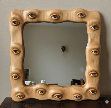 Marco de espejo de madera ondulada y surrealista con ojos tallados de manera realista 