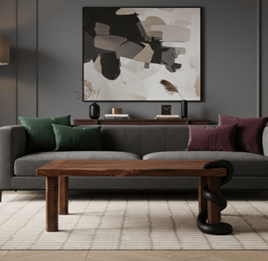 Mesa de centro de madera tallada con una escultura realista de serpiente negra enrollada alrededor