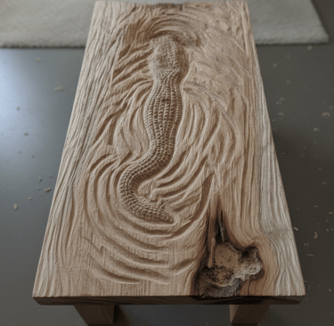 Mesa de centro rústica de madera tallada con superficie de cocodrilo en agua con vetas texturizadas