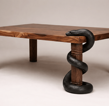 Mesa de centro de madera tallada con una escultura realista de serpiente negra enrollada alrededor