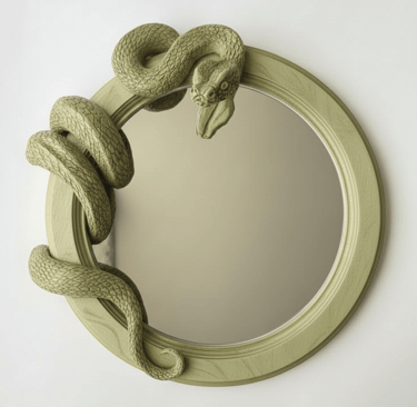 Espejo decorativo redondo de color verde salvia con una detallada escultura 3D de serpiente