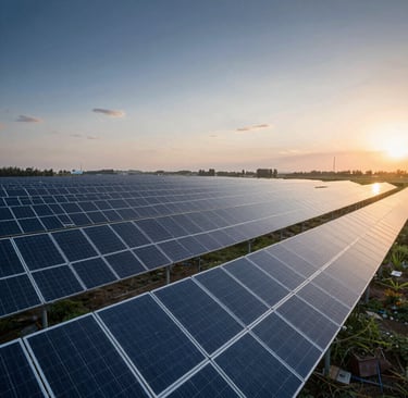 Close-up of hands shaking over a solar project agreement with panels in the background.