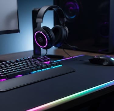 Cena realista de um setup gamer moderno e organizado, com teclado gamer, mouse gamer, mousepad grand