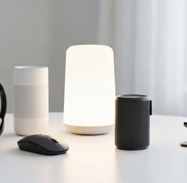 a table with a phone and a phone next to a lamp