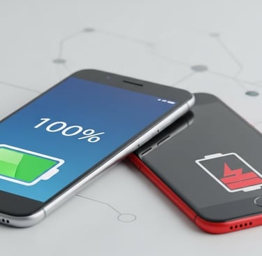 Smartphone moderno com bateria cheia em destaque na tela (ícone de 100%), ao lado de um celular com 