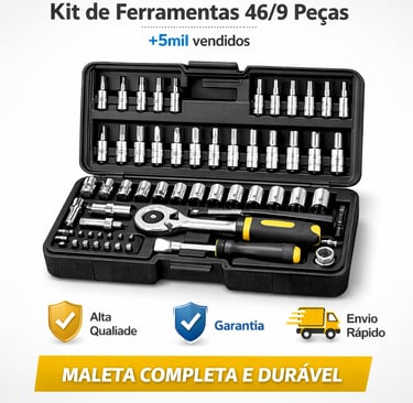 Kit de ferramentas profissional com 46 peças em maleta resistente, incluindo jogo de soquetes e chave catraca.