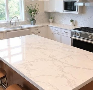 A bright, modern kitchen with quartz countertops.