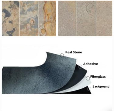 Stone veneers, a cross-section of layered material showing the real stone.
