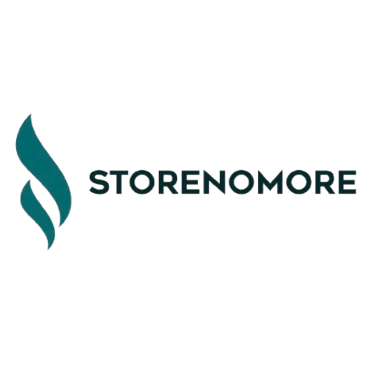 STORENOMORE company logo with a teal flame-like icon and bold black typography.