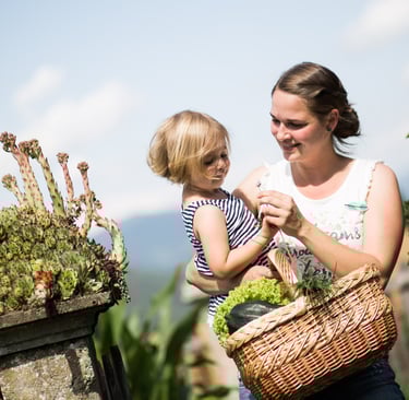 Frische Kräuter und Gemüse werdn im Garten vom Kölblhof geerntet