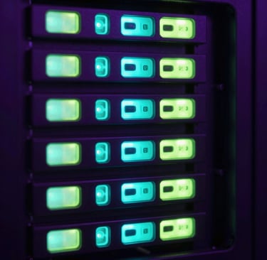 Close-up of glowing server rack LEDs with neon cyan and lime green backlighting, sharp macro focus, dark violet tones, 35mm lens