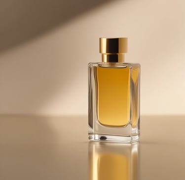 Minimalist perfume bottle resting on a muted gold surface with gentle reflections.