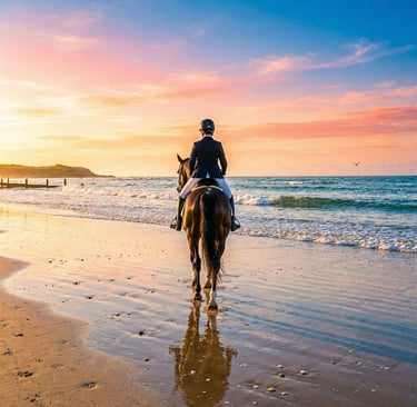 A horse and rider on the beach at sunset