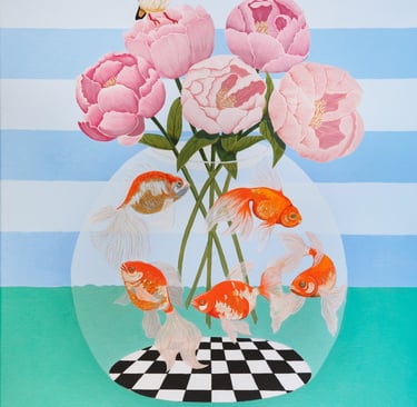 Surreal painting of orange goldfish in a round vase with pink peonies and a zebra finch bird.