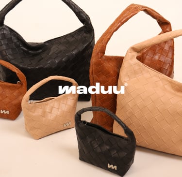 Maduu woven leather hobo bags and mini totes in black, tan, and beige colors.