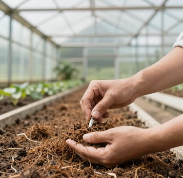 Workers carefully processing coconut husks into fine cocopeat material