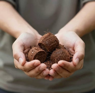 Stacks of compressed cocopeat blocks neatly arranged in warehouse
