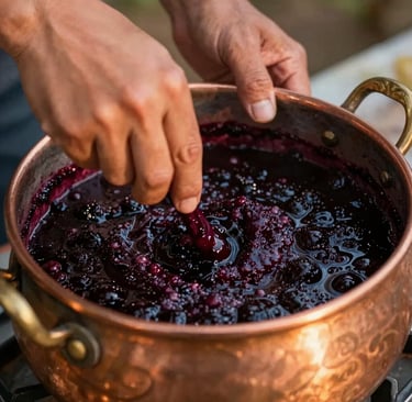 Warm editorial photography of hands stirring a bubbling dark purple jabuticaba jam in a traditional copper pot, warm golden-hour natural light reflecting off the copper edge, rich deep purple and earthy tones, shallow depth of field, 35mm.