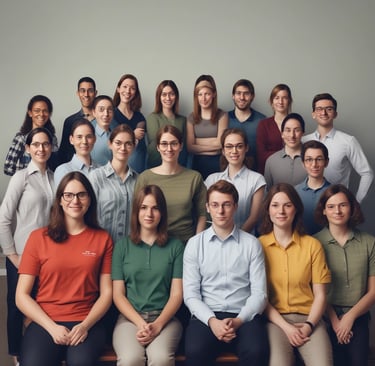 A diverse group of well-trained healthcare and technical staff standing confidently together.