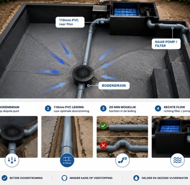 Technical diagram of a pond bottom drain system showing 110mm PVC piping connected to a filtration pump.