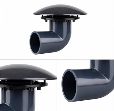 Durable grey PVC pond bottom drain with elbow pipe and aeration dome for koi pond filtration.