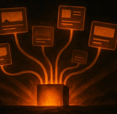 Content management hub box sending glowing content cards through light cables