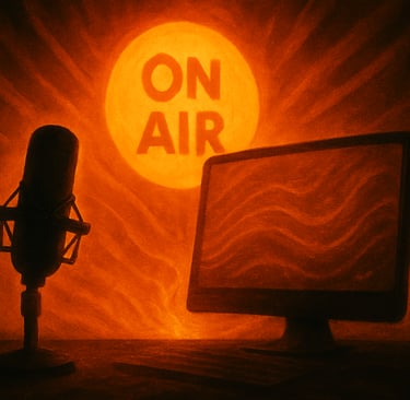 Stream and Twitch setup with studio microphone, monitor and glowing ON AIR sign