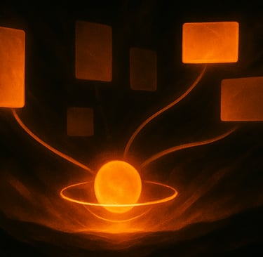 Social media services hub with glowing orb connected to multiple content panels