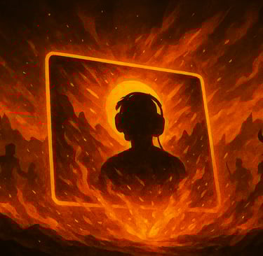 Gaming thumbnail frame with gamer silhouette and fiery fantasy background