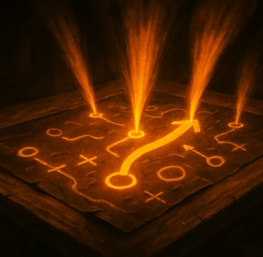 Content strategy map on table with glowing routes and main arrow path