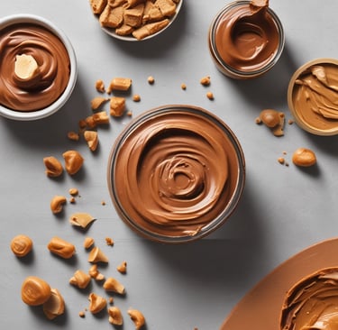 Crunchy chocolate peanut butter jar with visible peanut chunks on a rustic wooden table