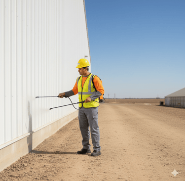 A pest control professional in safety gear sprays a white industrial building for termites.