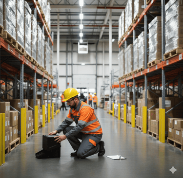 JanTech exterminator in a safety vest inspects inventory near tall warehouse storage racks.