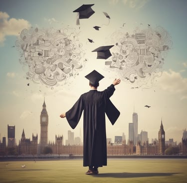 A smiling student holding their acceptance letter in front of a famous UK university building