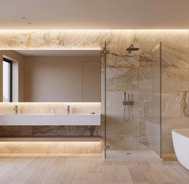 Cozy modern bathroom with warm lighting and spa-like atmosphere