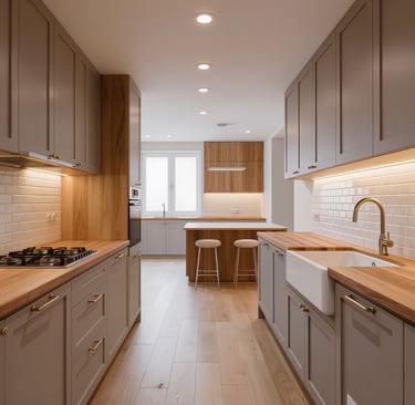 Cozy modern kitchen with wide view and warm ambient lighting