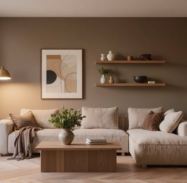 Cozy modern living room with soft textures and warm atmosphere