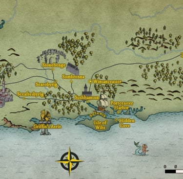 Myrddin's World Map - official fantasy atlas showing cities and lore.