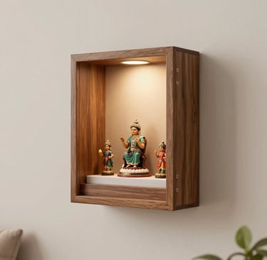 A cozy living room featuring warm wooden finishes and a sleek modular kitchen in soft lighting.