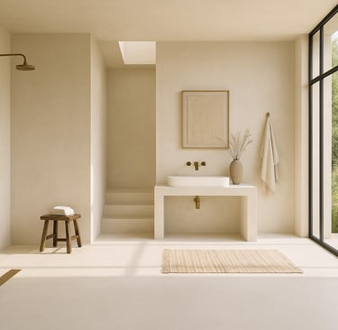 Douche italienne en enduit Stucco Latte beige clair avec rigole en laiton