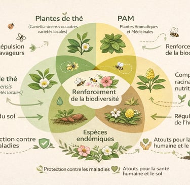 Diagram showing tea plant biodiversity, soil fertility, and medicinal aromatic plants in a sustainable ecosystem.