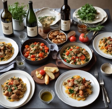 A cozy home kitchen scene with a rustic wooden table set for a relaxed Saturday dinner, featuring a creamy chicken dish, fresh salad, and soft candlelight.