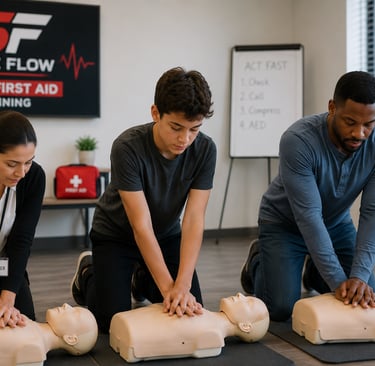Students practicing chest compressions on manikins during a professional CPR and first aid training class.
