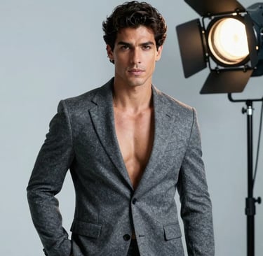 A high-fashion studio shot of a charismatic man in a slate gray blazer, posing with a confident and sophisticated look. Professional studio lighting against a light blue-gray background. South American / Brazilian context, modern and elegant aesthetic.