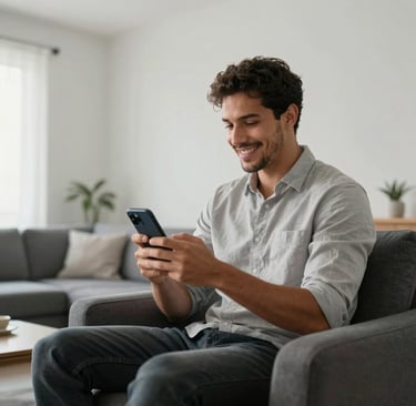 Professional photography of a stylish Brazilian man sitting in a light-filled modern apartment, holding a smartphone and looking at it with a charismatic smile. The interior is minimalist with soft white walls and charcoal gray furniture. Natural morning light, elegant and clean composition.