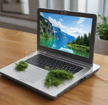 Close-up of a sleek refurbished laptop with the Leader PC logo on the screen.