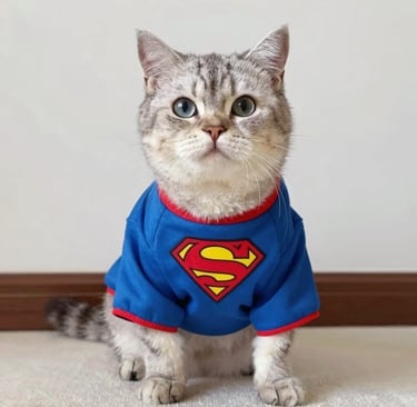 Un lindo gato atigrado gris que lleva puesta una camiseta azul de superhéroe de Superman.
